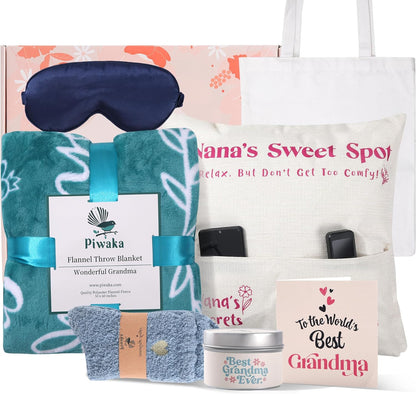 Piwaka Flannel Blanket Gift Box for Grandma - Personalised Gifts for Grandma - Relaxing & Inspirational Treasures Just for Her, Nana Gift Basket, Christmas Gift for Grandma
