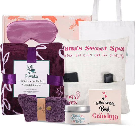 Piwaka Flannel Blanket Gift Box for Grandma - Personalised Gifts for Grandma - Relaxing & Inspirational Treasures Just for Her, Nana Gift Basket, Christmas Gift for Grandma