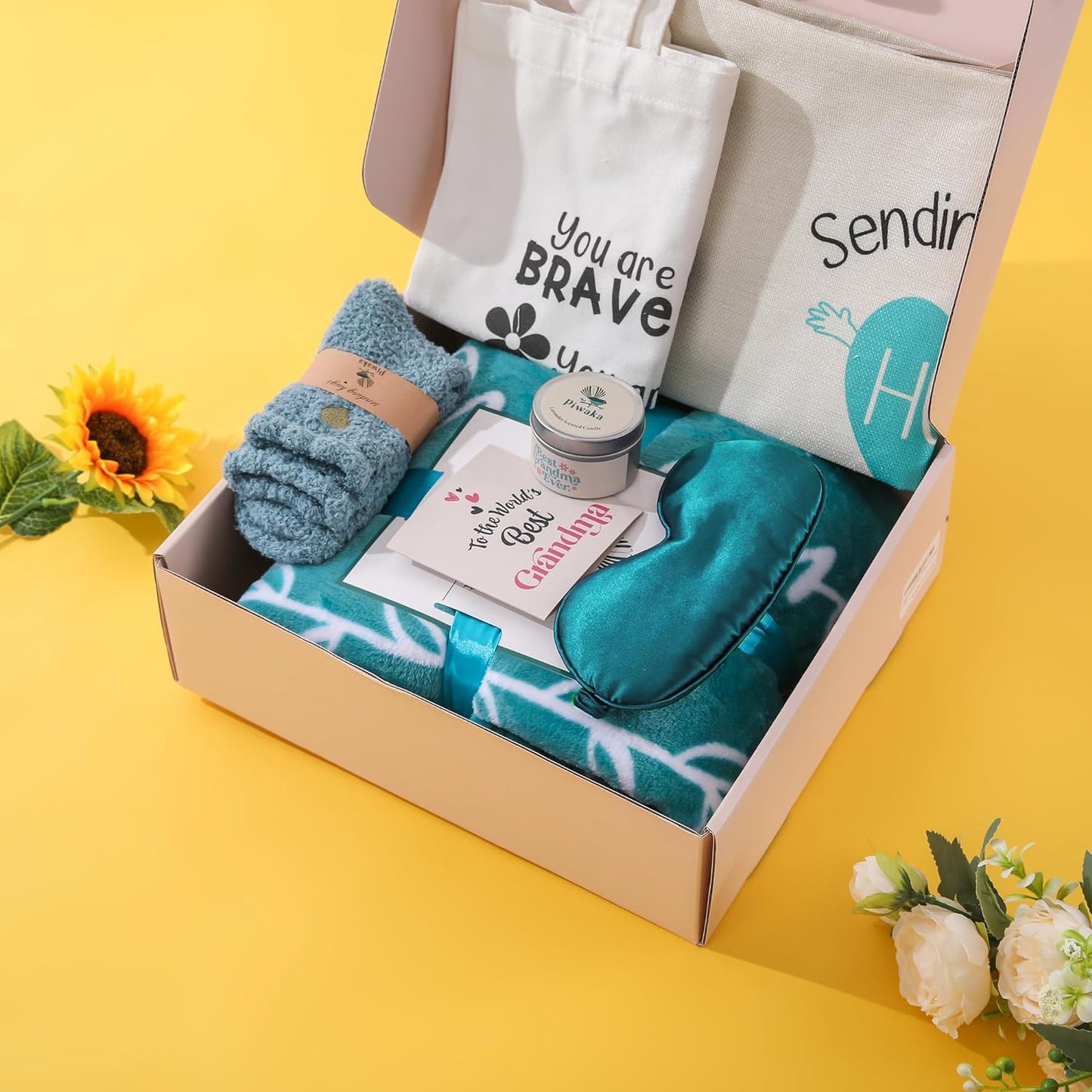 Piwaka Flannel Blanket Gift Box for Grandma - Personalised Gifts for Grandma - Relaxing & Inspirational Treasures Just for Her, Nana Gift Basket, Christmas Gift for Grandma