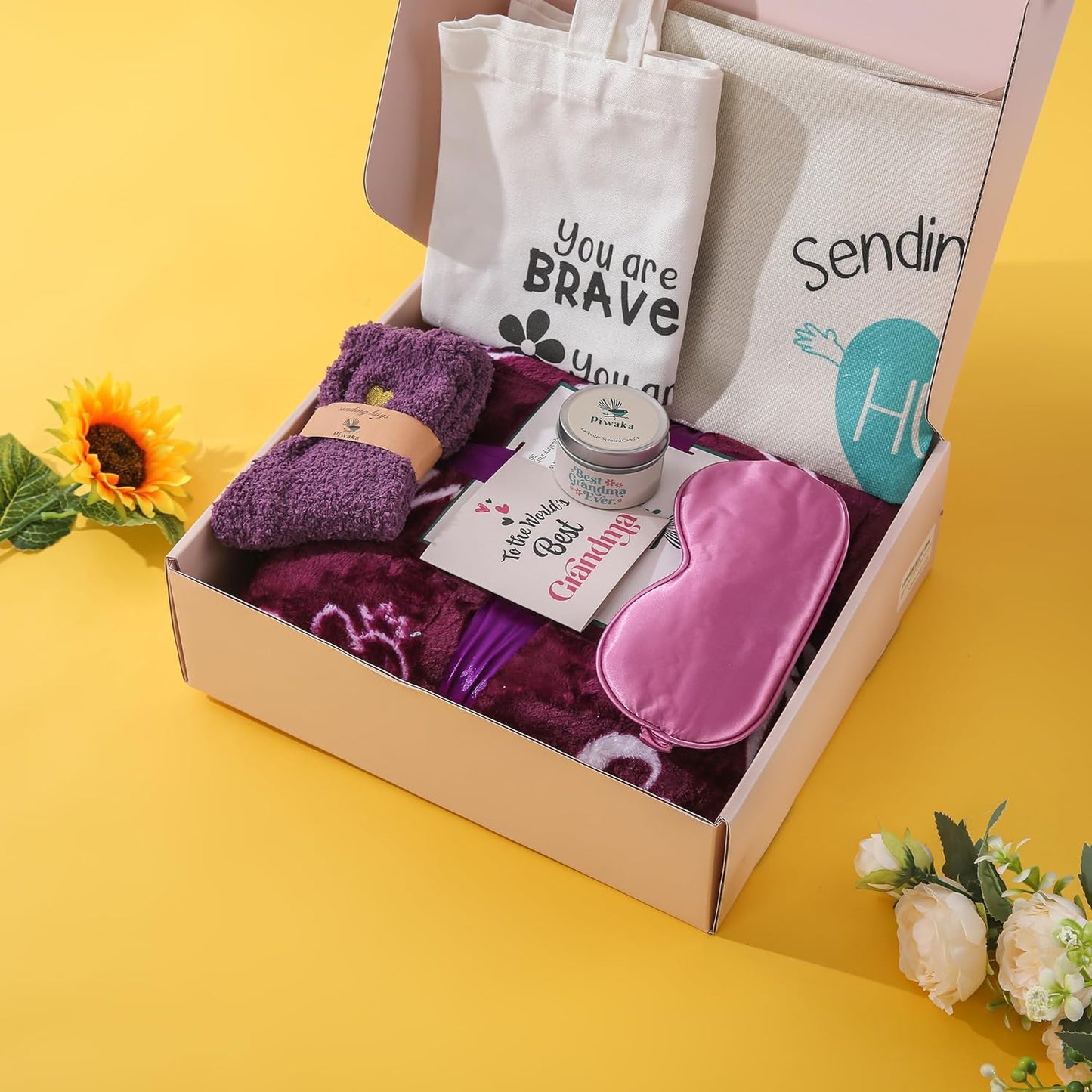 Piwaka Flannel Blanket Gift Box for Grandma - Personalised Gifts for Grandma - Relaxing & Inspirational Treasures Just for Her, Nana Gift Basket, Christmas Gift for Grandma